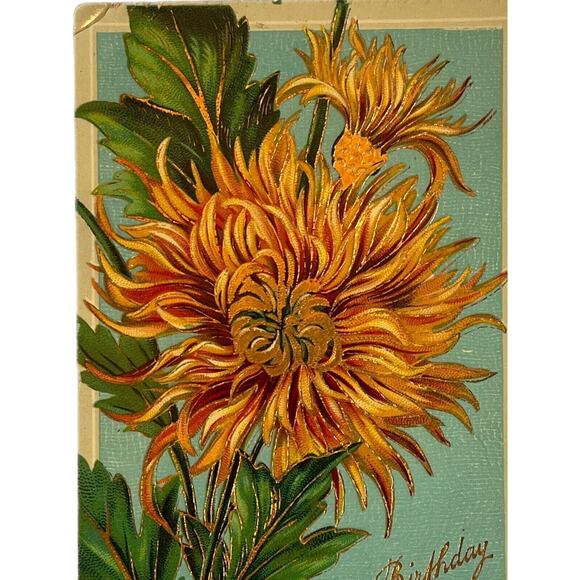 Antique 1913 Ephemera Postcard Birthday Wishes Embossed Metallic Marigolds SEE - Picture 1 of 8